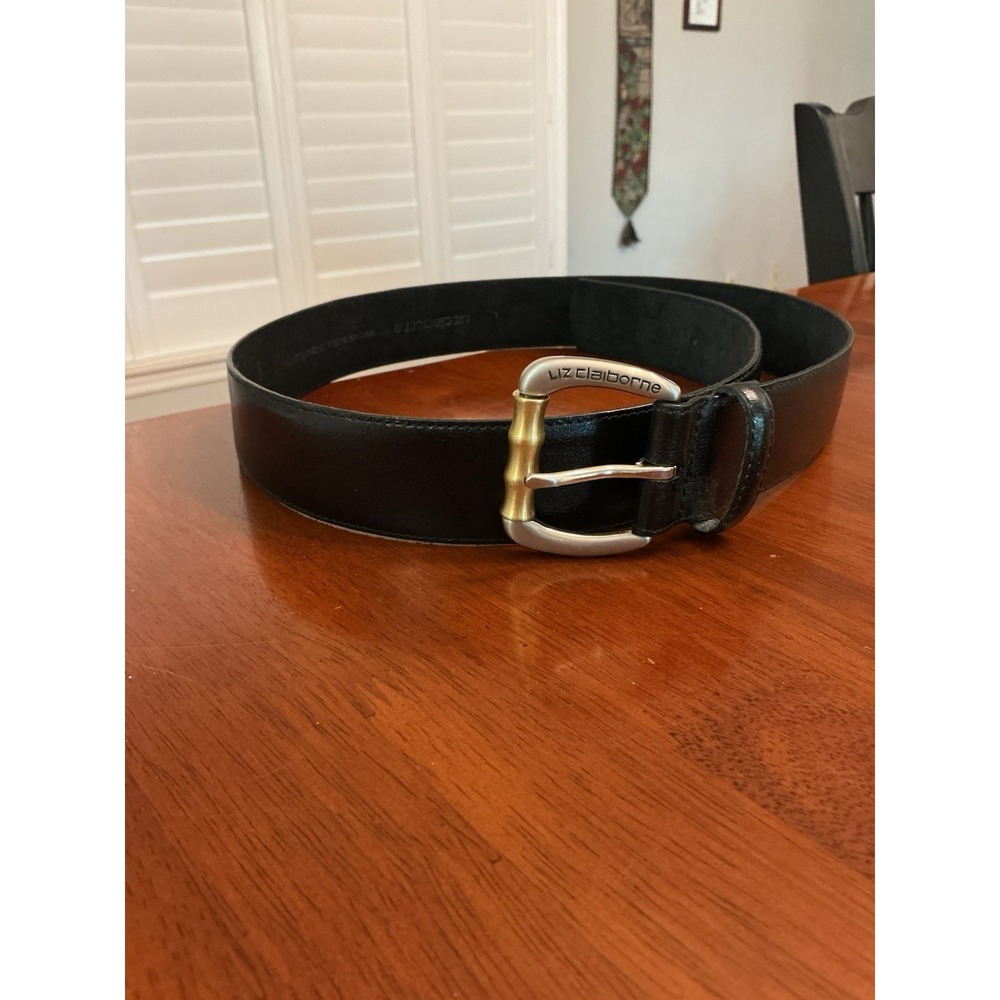 Vintage Claiborne Black Genuine Leather Belt Size L Silver & Gold Buckle